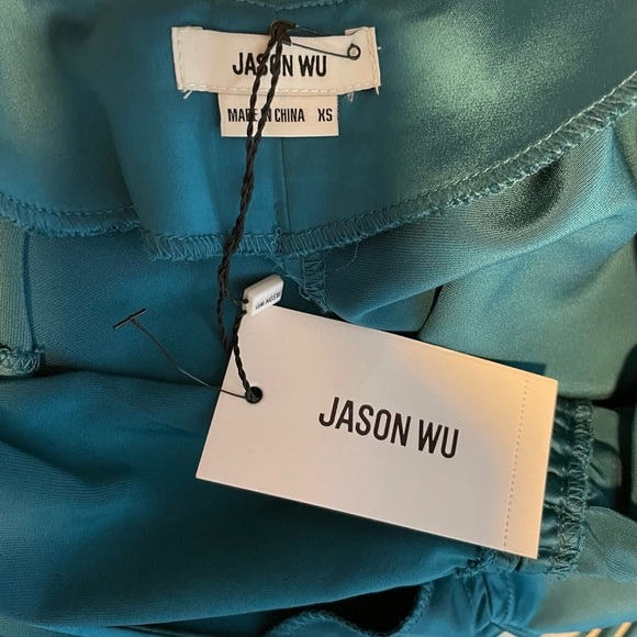 Jason Wu Teal Turquoise Satin Tie Strap low black slip midi dress ruched XS - Picture 7 of 14